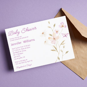 Invitation aquarelle rose brun floral fille baby shower