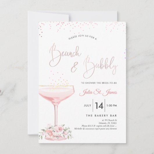 Invitation Aquarelle Rose Brunch Bubbly Champagne rose (Devant)