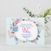 Invitation Aquarelle Rose Cadre floral 90e anniversaire (Debout devant)