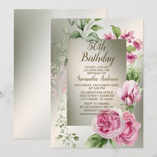 Invitation Aquarelle rose cadre floral brillant Bronze élégan (Devant / Derrière)