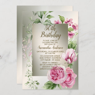 Invitation Aquarelle rose cadre floral brillant Bronze élégan