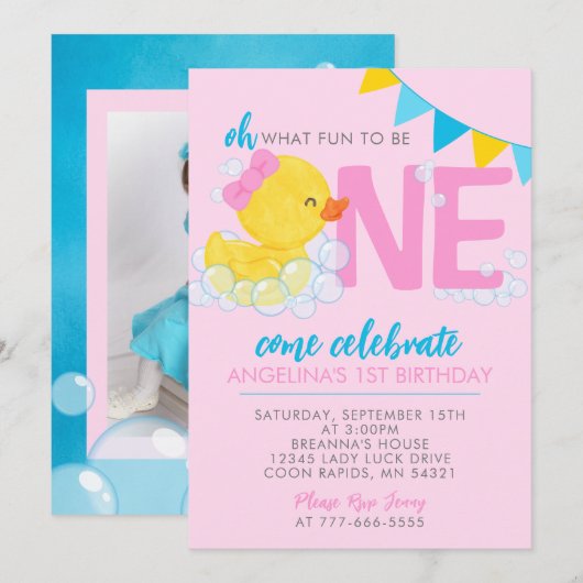 Invitation Aquarelle rose Caoutchouc Canard 1er Anniversaire (Devant / Derrière)