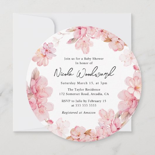 Invitation Aquarelle rose cerisier Baby shower de couronne (Devant)