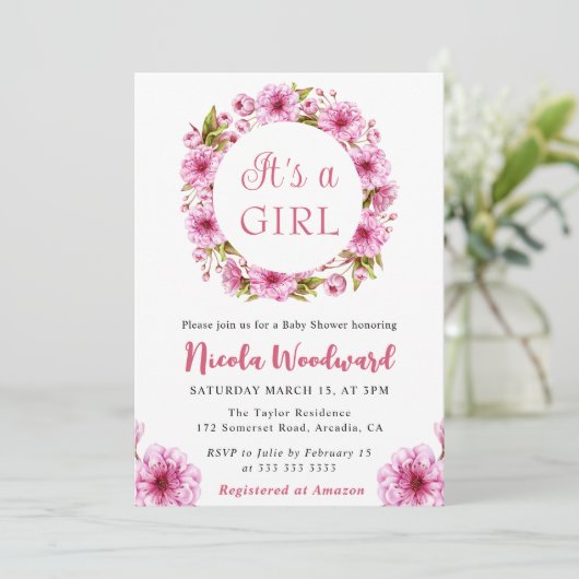 Invitation Aquarelle rose cerisier Baby shower de couronne (Debout devant)