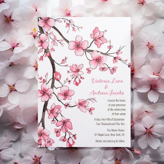 Invitation Aquarelle rose cerisier Mariage floral