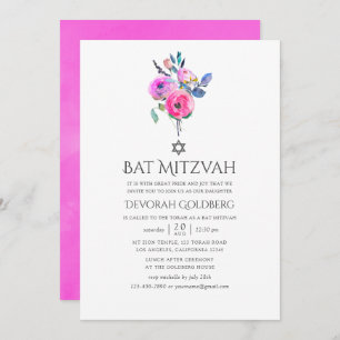 Invitation Aquarelle rose chaud Bat mitzvah