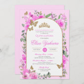 Invitation Aquarelle rose chaud Golden Butterfly Quinceañera (Devant / Derrière)