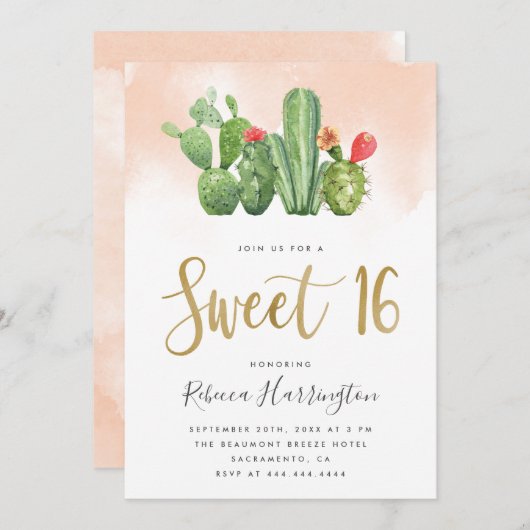 Invitation Aquarelle rose chic et cactus doux 16 (Devant / Derrière)