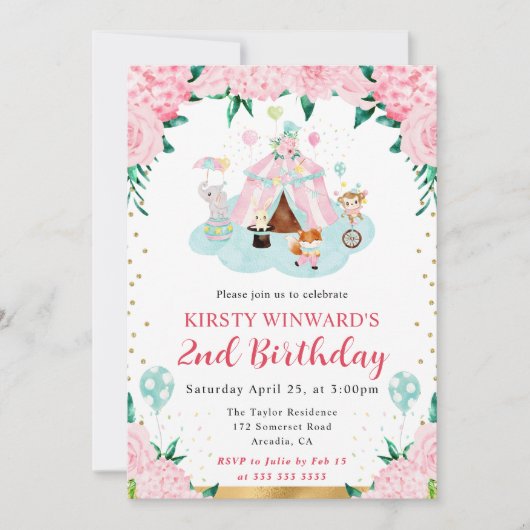 Invitation Aquarelle rose Circus Animaux Anniversaire de enfa (Devant)