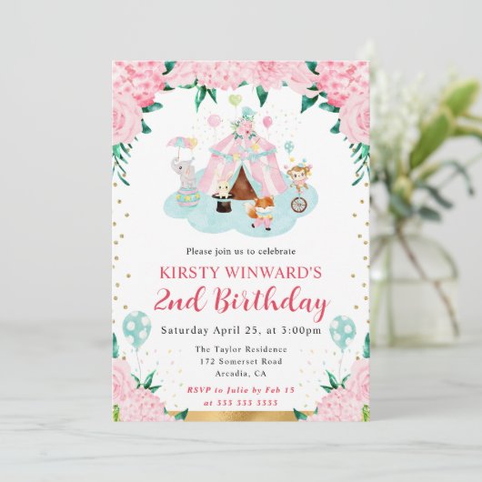 Invitation Aquarelle rose Circus Animaux Anniversaire de enfa (Debout devant)
