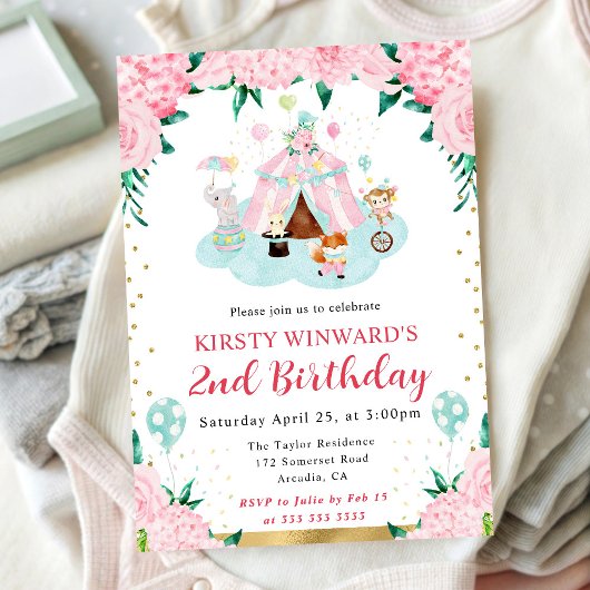 Invitation Aquarelle rose Circus Animaux Anniversaire de enfa