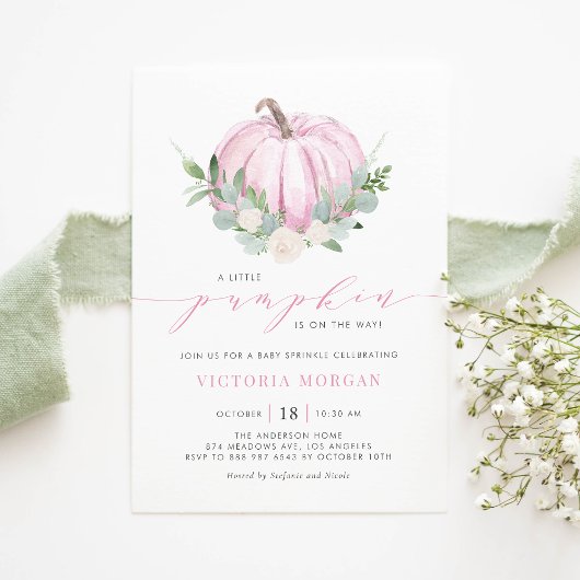 Invitation Aquarelle rose Citrouille Automne Bébé Parsemer