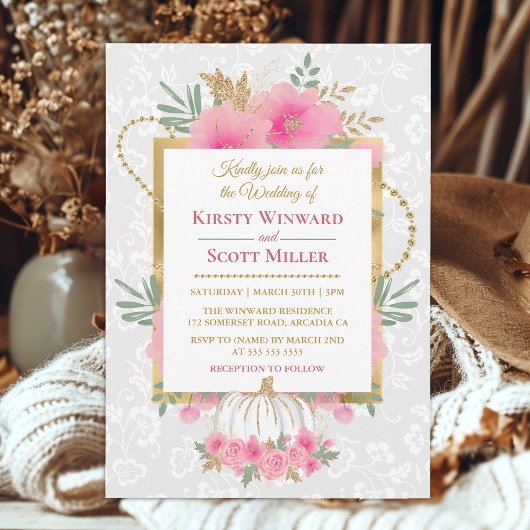 Invitation Aquarelle rose Citrouille Fleurs Mariage or Foil