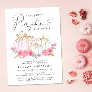 Invitation Aquarelle rose citrouille Floral Bébé Fille Parsem