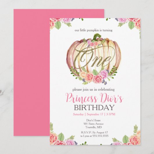 Invitation Aquarelle rose Citrouille mignonne 1er anniversair (Devant / Derrière)
