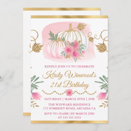 Invitation Aquarelle rose Citrouille or Parties scintillant A (Devant / Derrière)