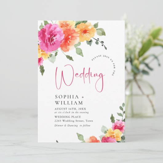 Invitation Aquarelle rose clair Mariage Fleurs orange (Debout devant)