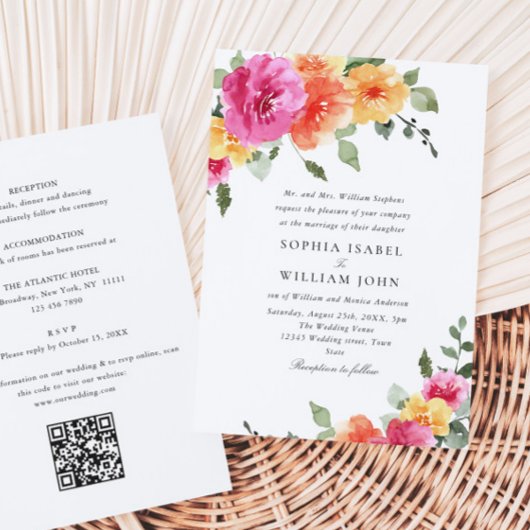 Invitation Aquarelle rose clair Mariage Fleurs orange