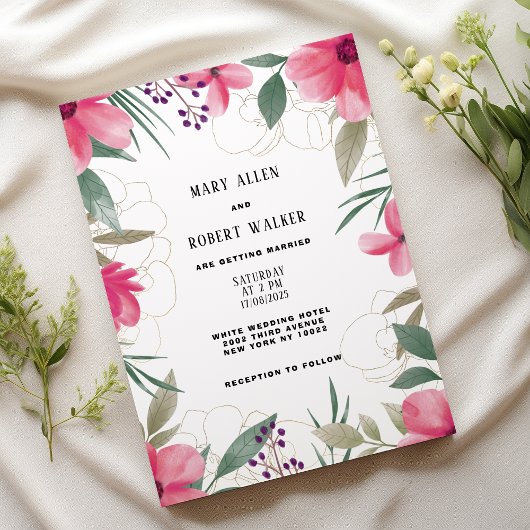 Invitation Aquarelle rose clair or mariage floral