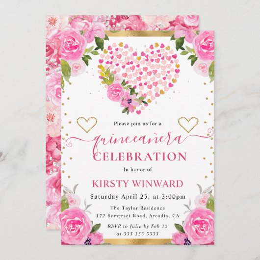 Invitation Aquarelle rose Coeurs or Fleurs Quinceanera (Devant / Derrière)
