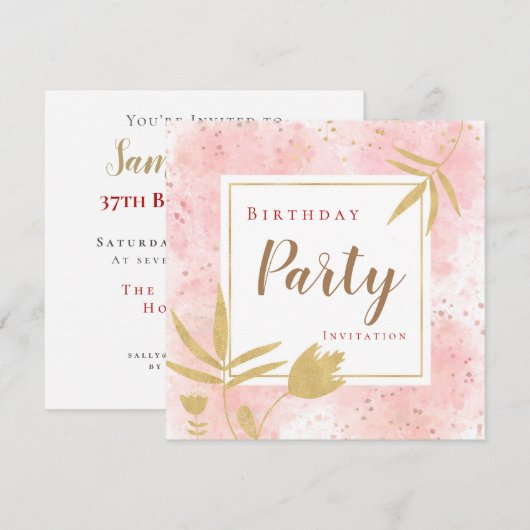 Invitation Aquarelle rose Confetti Gold Leaf/Floral Anniversa (Devant / Derrière)