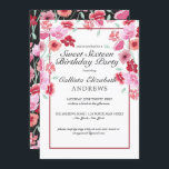 Invitation Aquarelle rose corail Floral Douce 16 Anniversaire<br><div class="desc">Cette invitation à fêter un sweet sixteen moderne et artistique est parfaite pour les mois d'été et de printemps. Il présente des bouquets de fleurs rose vif peints à la main, rose baies, rose corail, rouge rouge et vert algue entourés d'une bordure rouge rayé sur un simple arrière - plan...</div>