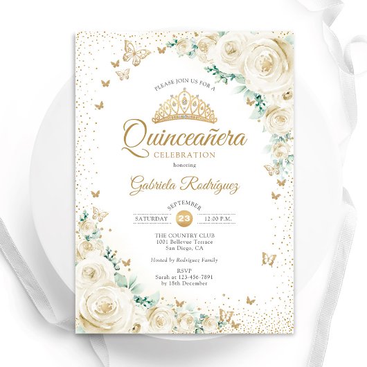 Invitation Aquarelle Rose Crème Or Floral Quinceanera