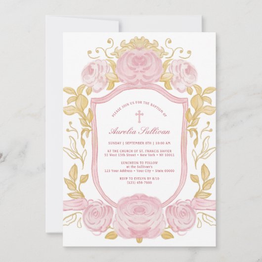 Invitation Aquarelle Rose Crest Baptême (Devant)