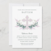 Invitation Aquarelle rose Croix Baptême (Devant)