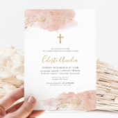Invitation Aquarelle rose Croix d'or filles Baptême