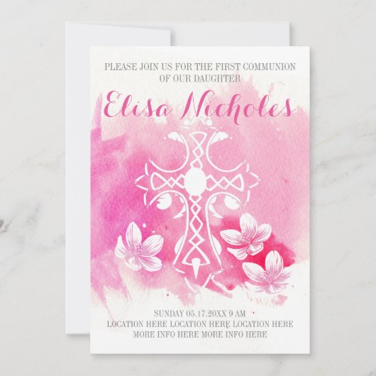Invitation Aquarelle rose croix florale Première sainte commu (Devant)