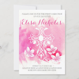 Invitation Aquarelle rose croix florale Première sainte commu