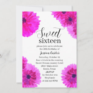 Invitation Aquarelle rose Dahlia Daisy Sweet 16 Seize