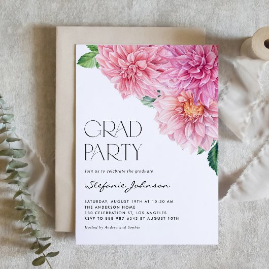 Invitation Aquarelle rose Dahlia Fête de Graduation Florale