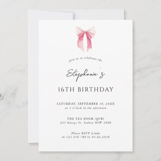 Invitation Aquarelle rose dainty Bow 16e anniversaire (Devant)