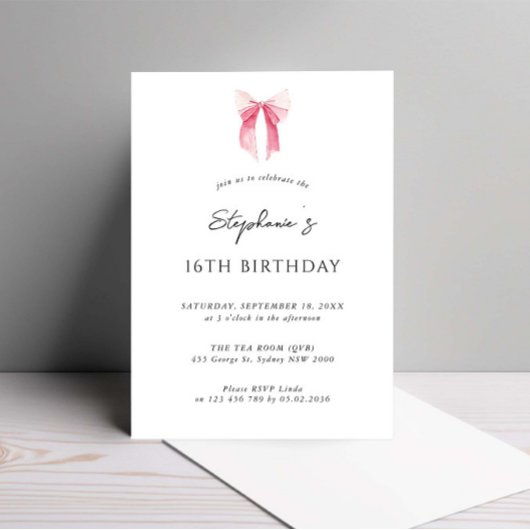 Invitation Aquarelle rose dainty Bow 16e anniversaire