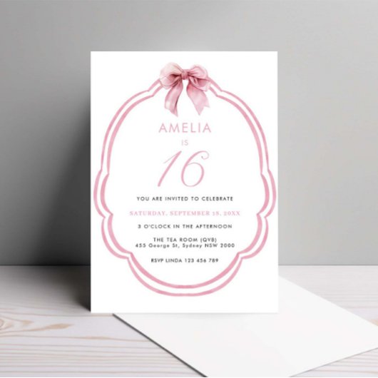 Invitation Aquarelle rose dainty Bow 16e anniversaire