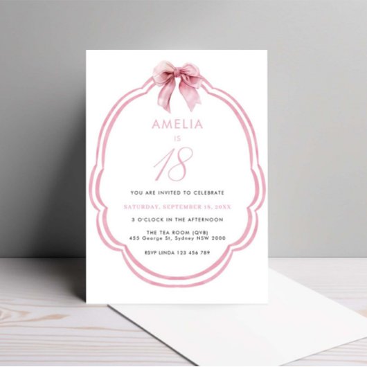 Invitation Aquarelle Rose Dainty Bow 18e anniversaire