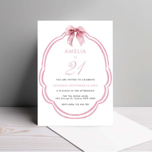 Invitation Aquarelle rose dainty Bow 21e anniversaire