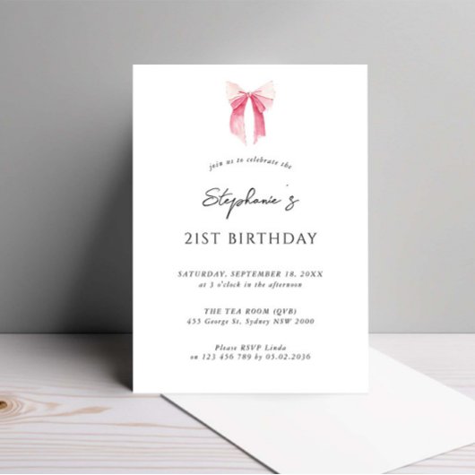 Invitation Aquarelle rose dainty Bow 21e anniversaire