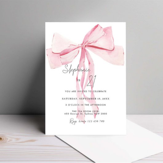 Invitation Aquarelle rose dainty Bow 21e anniversaire