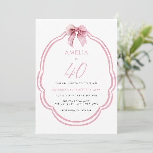 Invitation Aquarelle Rose Dainty Bow 40e anniversaire (Debout devant)