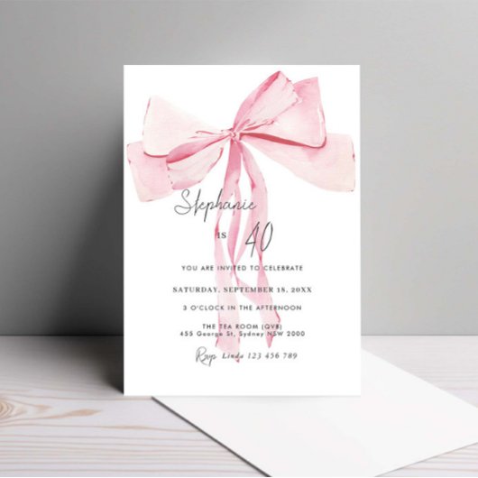 Invitation Aquarelle Rose Dainty Bow 40e anniversaire
