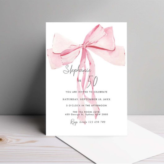 Invitation Aquarelle rose dainty Bow 50e anniversaire