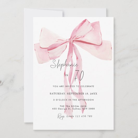Invitation Aquarelle Rose Dainty Bow 70e anniversaire (Devant)