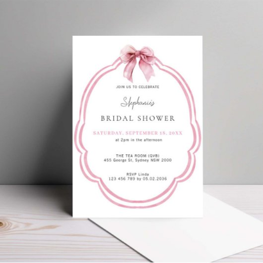 Invitation Aquarelle rose Dainty Bow Fête des mariées de ruba