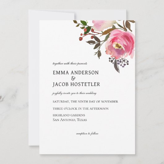 Invitation Aquarelle Rose d'automne fine (Devant)