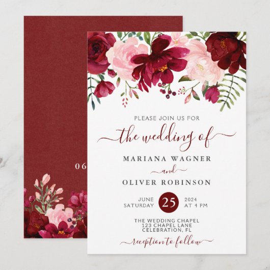 Invitation Aquarelle rose de Bourgogne moderne Mariage floral (Devant / Derrière)