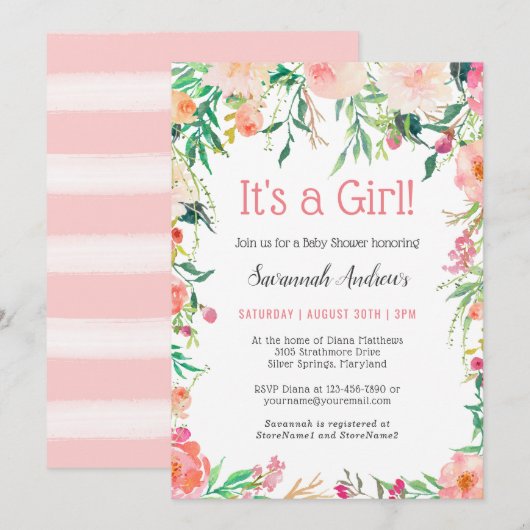 Invitation Aquarelle rose délicate Baby shower floral (Devant / Derrière)