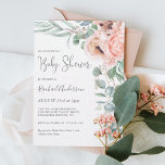 Invitation Aquarelle rose doux Baby shower floral fille<br><div class="desc">Une belle invitation au baby shower féminin avec un bouquet d'angle de pavots aquarelles, roses, eucalyptus et verdure en douce pastel beige, rose, vert et bleu-vert. Les appareillages de type tendance comprennent un script manuscrit et un élégant serif. Cette invitation est un grand choix pour la future mère qui attend...</div>